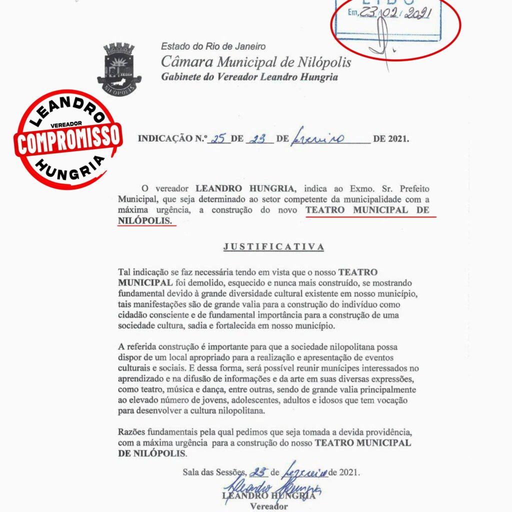 Indicação Legislativa do Vereador Leandro Hungria.